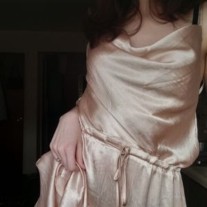 Gorgeous champagne colored tiered cowl neck dress by Selfie Leslie